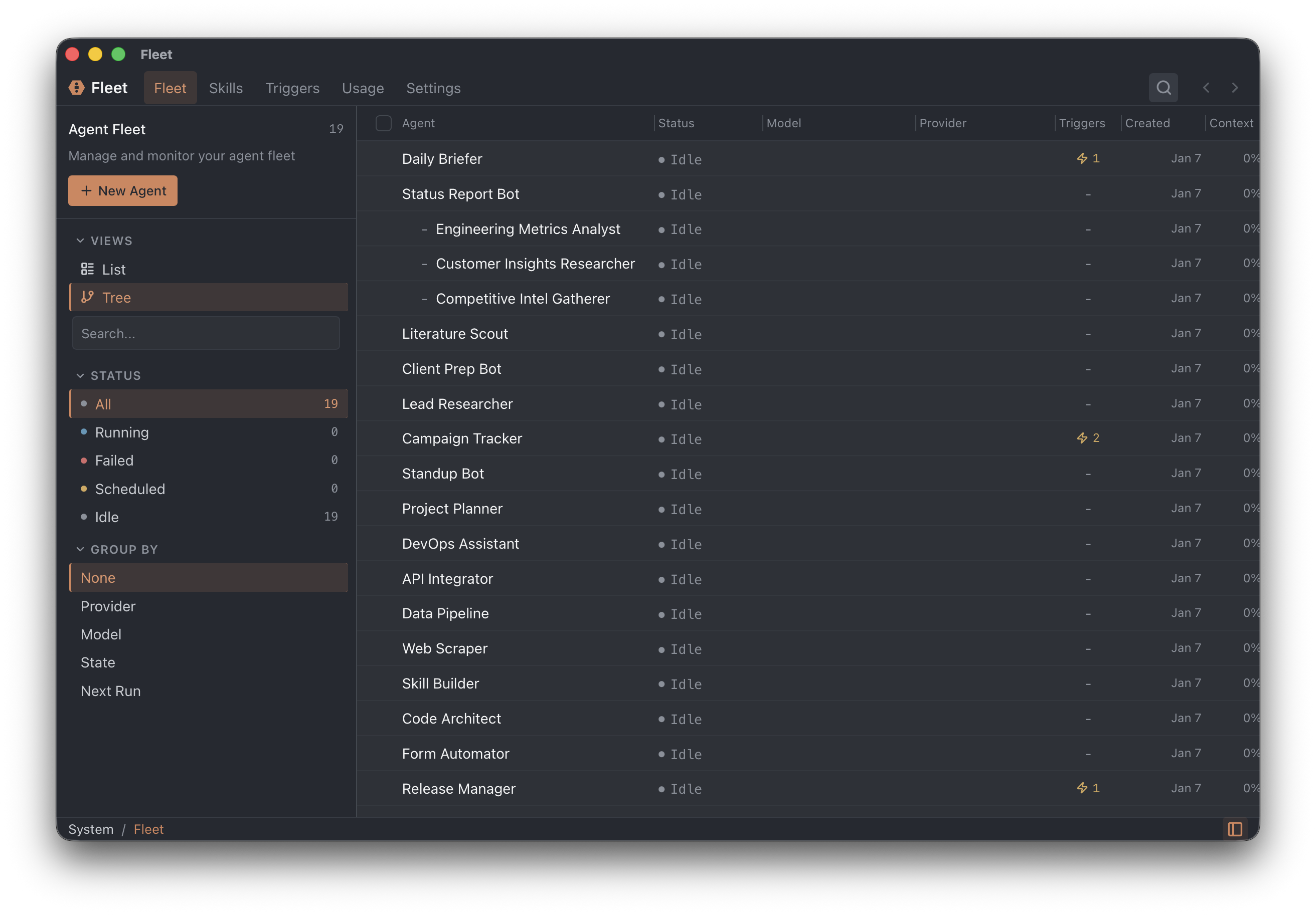 Fleet dashboard showing all agents