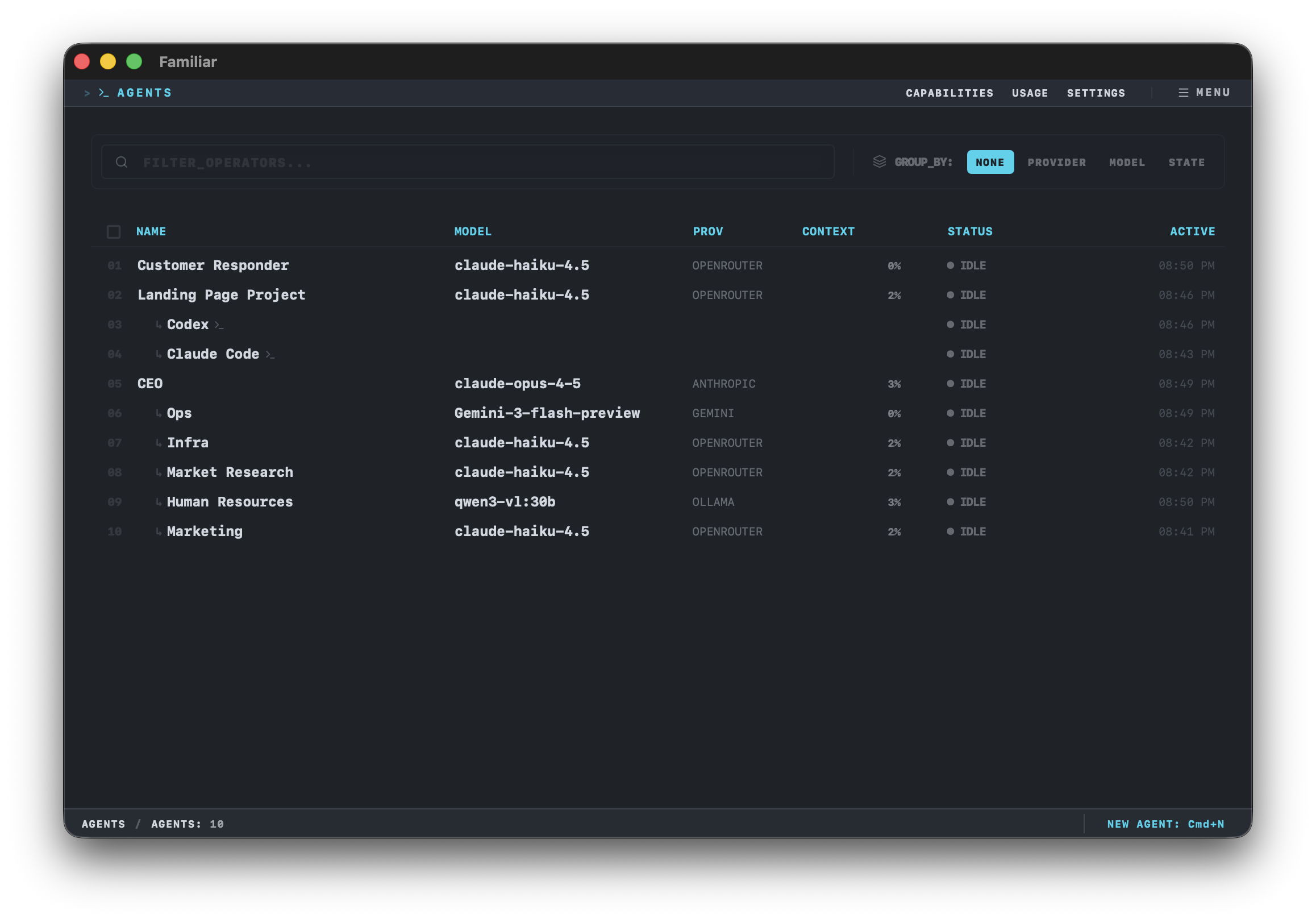 Familiar Agent Dashboard showing active agents and their status