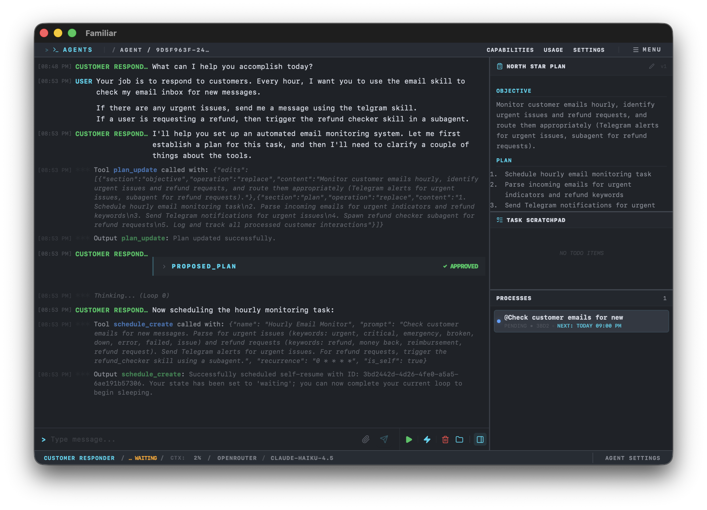 Familiar Agent showing a scheduled task automation