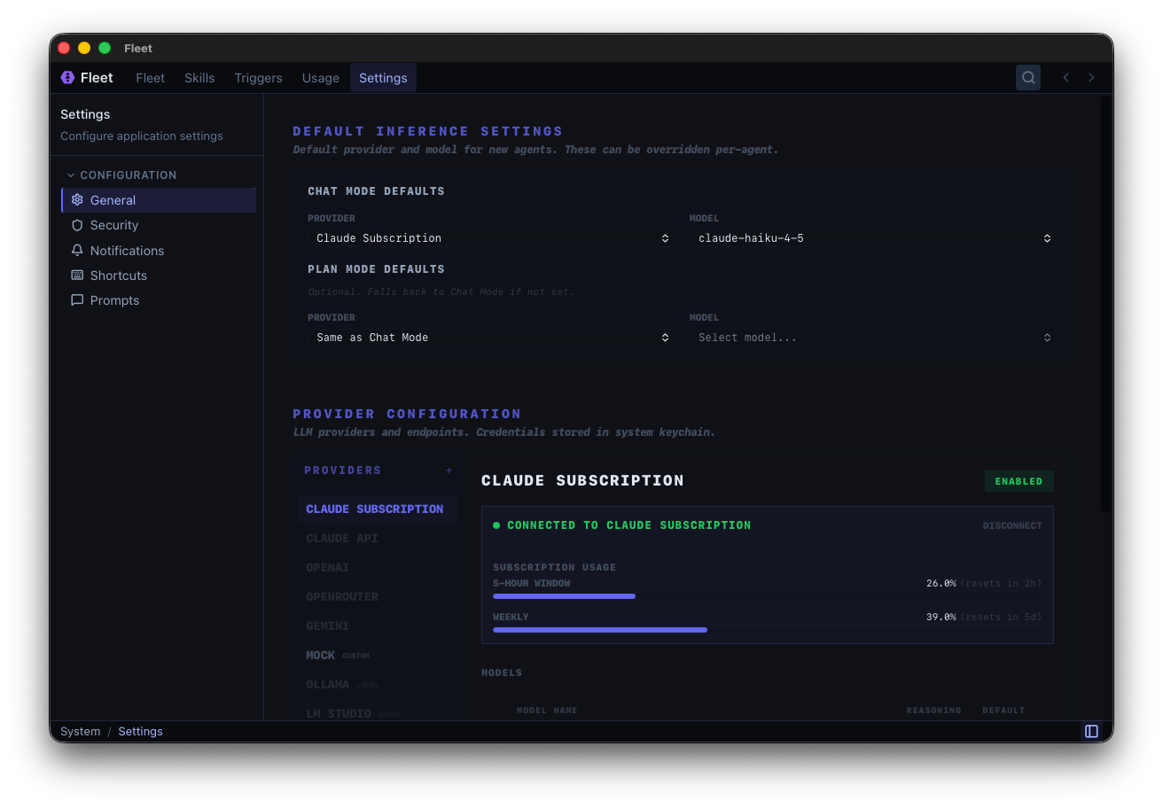 Fleet settings showing provider configuration