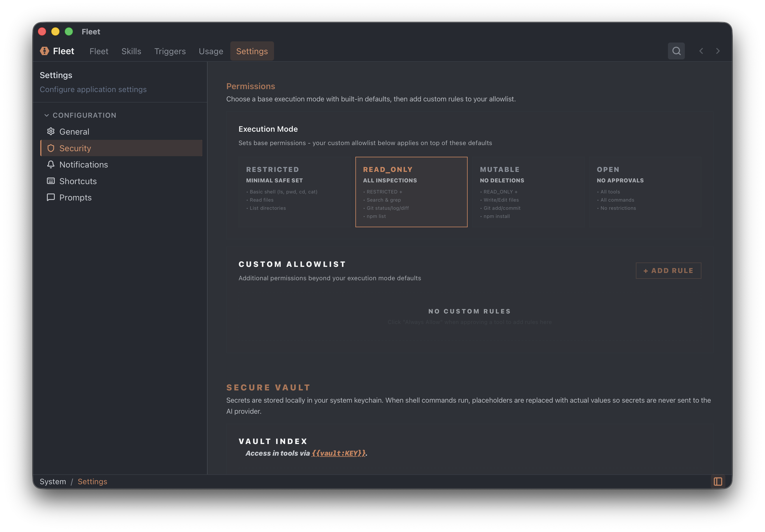 Settings permissions panel