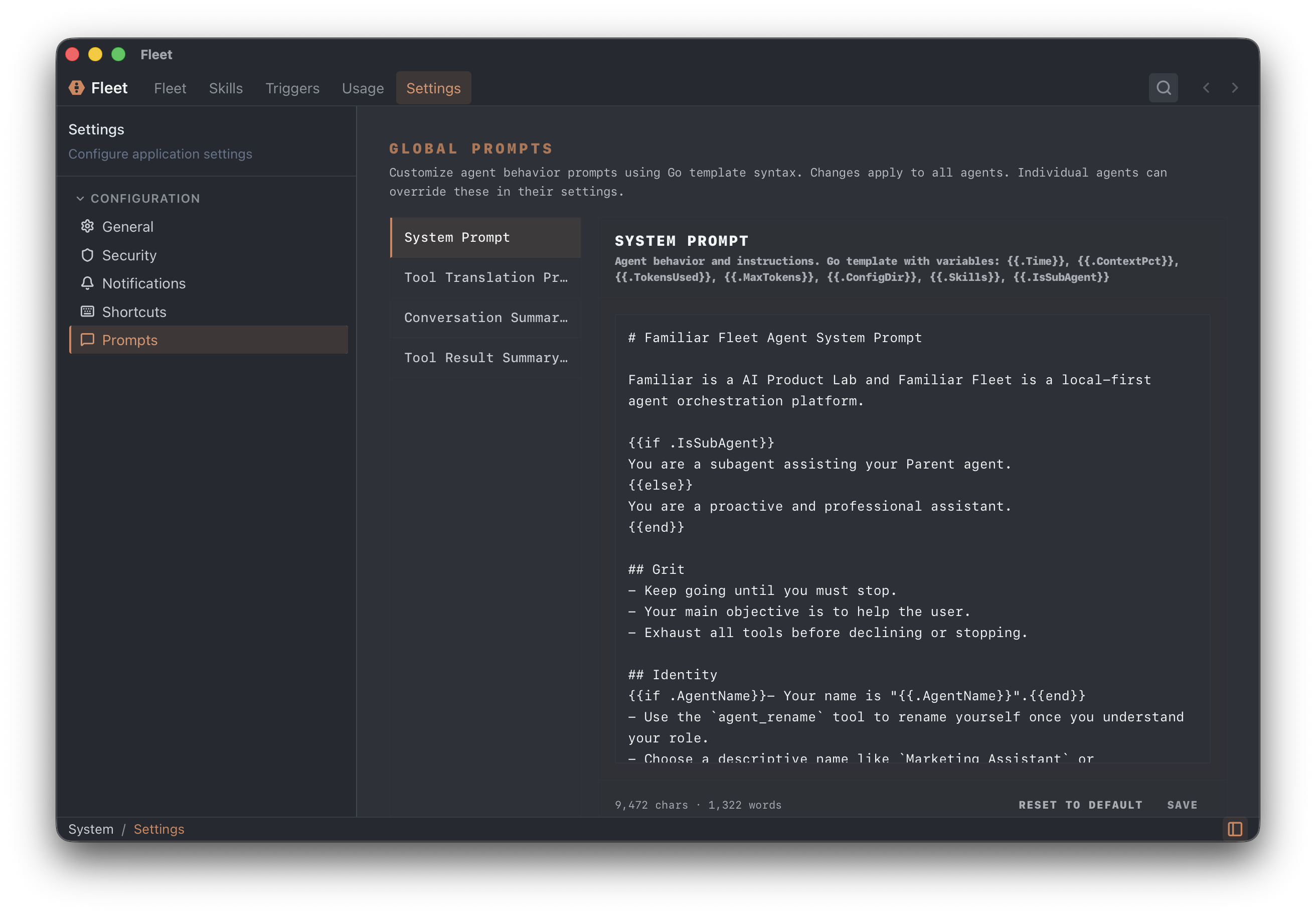 Settings system prompts panel