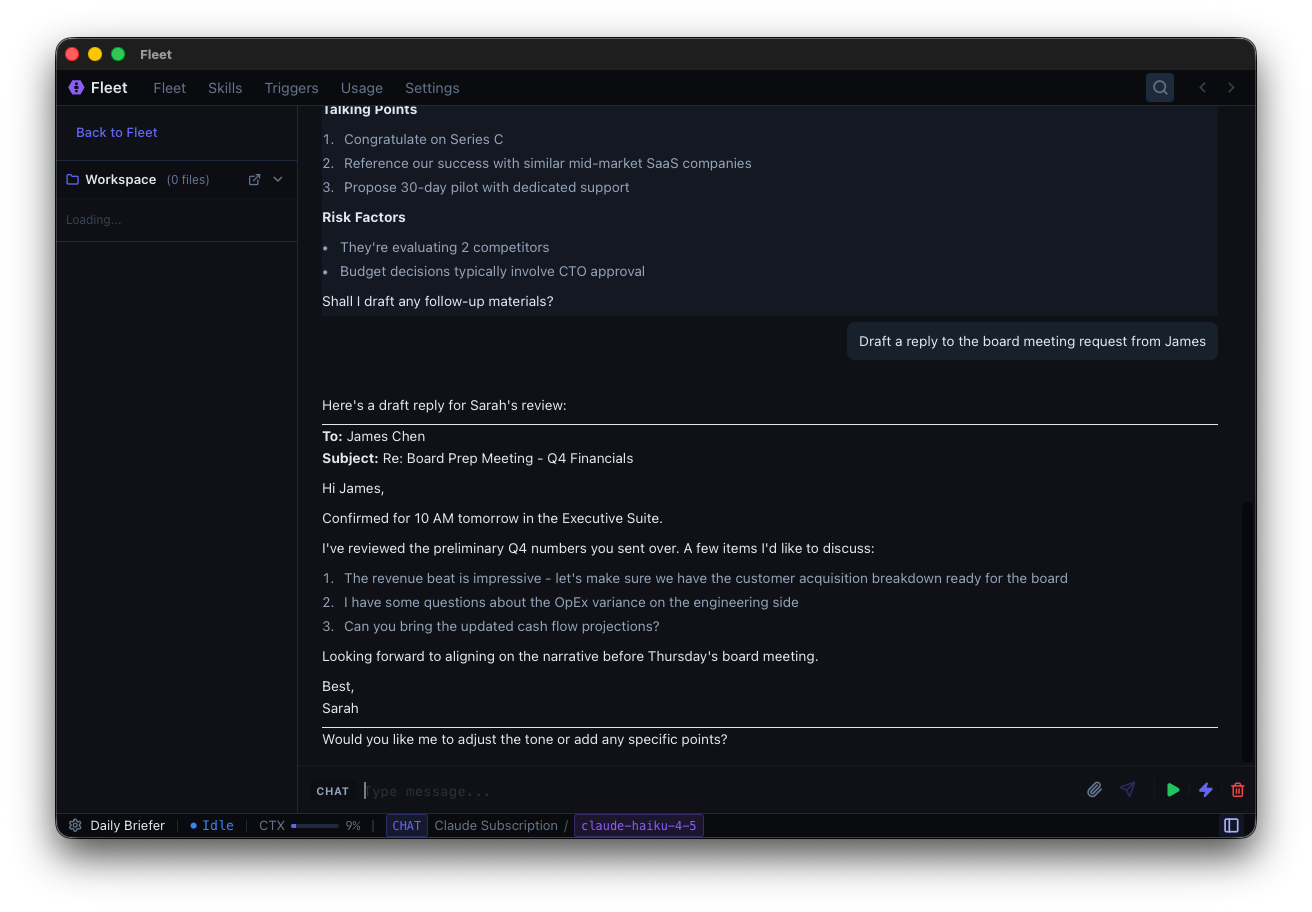 Agent workspace showing conversation